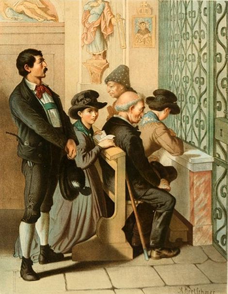 A vintage illustration depicting a group of people gathered around a table in an ornate interior space. An older man with a cane is reading a document, while a woman and two boys look on. A younger man stands nearby, looking upwards.