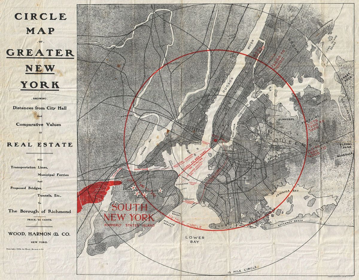 Vintage map of Greater New York, showing boroughs, waterways, transportation lines, and concentric circles representing distances from City Hall.