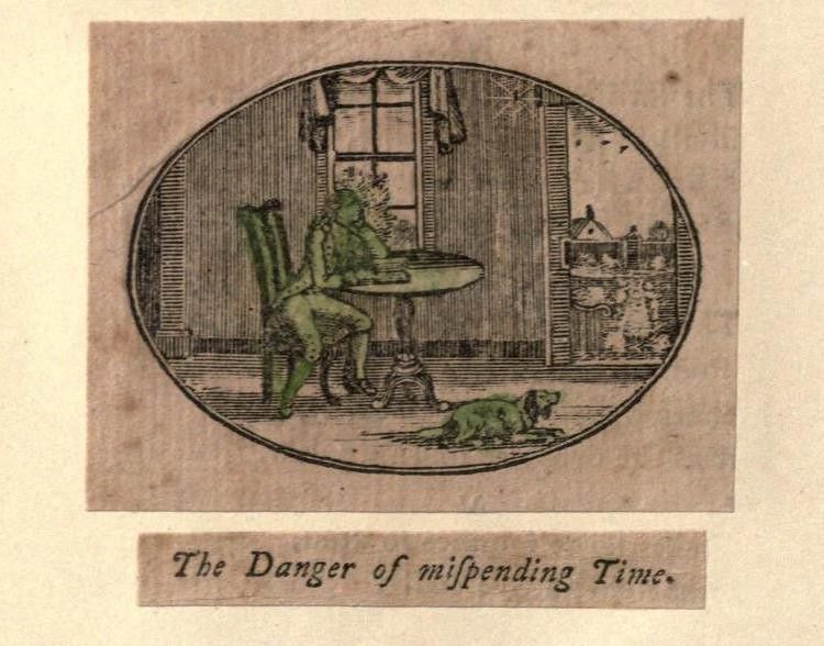 Vintage illustration of a man reading at a table with a dog at his feet, labeled 'The Danger of mispending Time.'