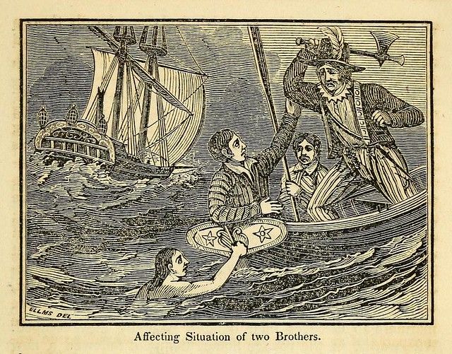 A black and white engraving depicting a dramatic scene at sea with a ship, a small boat, and people struggling in the water.