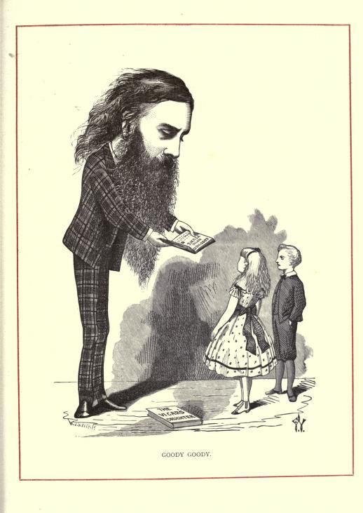 A black and white cartoon illustration of a tall man reading to two children, with a large shadow cast by the man.
