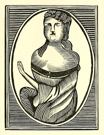 Vintage woodcut portrait of a woman in an oval frame.