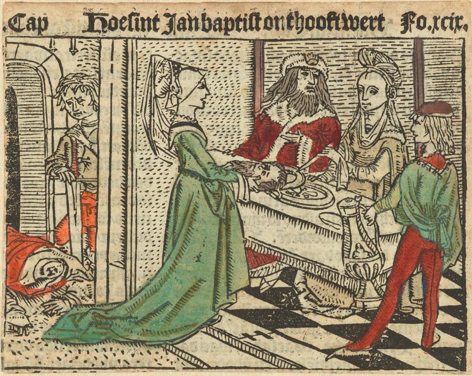 A woodcut print with hand-coloring, depicting a scene with multiple figures in an interior setting.