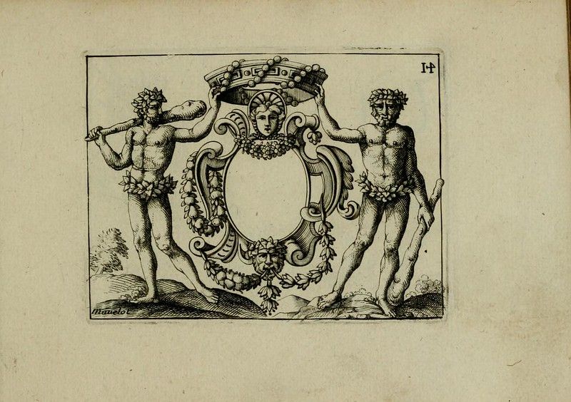 A detailed black and white engraving of a shield supported by two male figures, with a crowned head above. The shield is blank, and the composition is framed within a rectangular border.