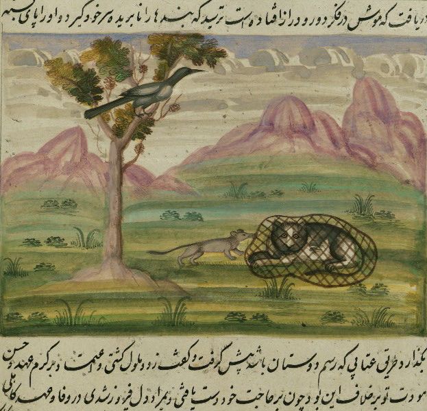 A vibrant painting of a lion wrapped in a cocoon, observed by a bird, with mountains in the background.