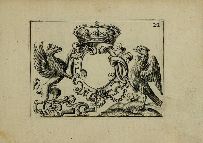 A black and white engraving of an ornate heraldic design featuring a griffin, an eagle, and a crown surrounding a decorative cartouche.