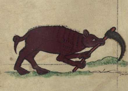 Medieval illustration of a boar holding a scythe.