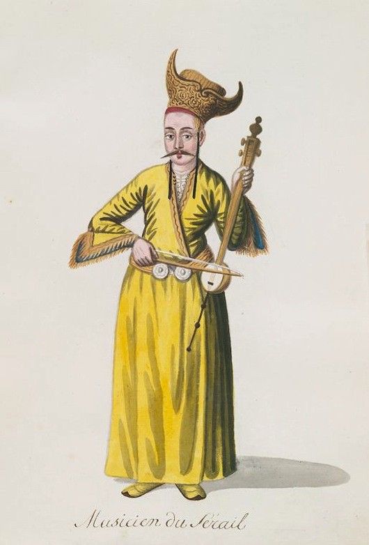 Watercolor painting of a man dressed in traditional Ottoman clothing, identified as a 'Musician du Sérail' (Musician of the Seraglio).