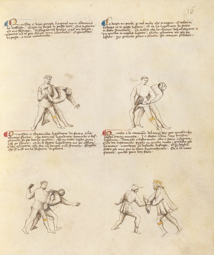 A page from a medieval manuscript with illustrations of battles and figures in medieval attire, accompanied by handwritten text.