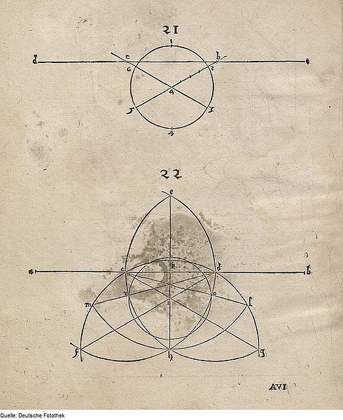 Vintage diagram with geometric constructions and labeled points.