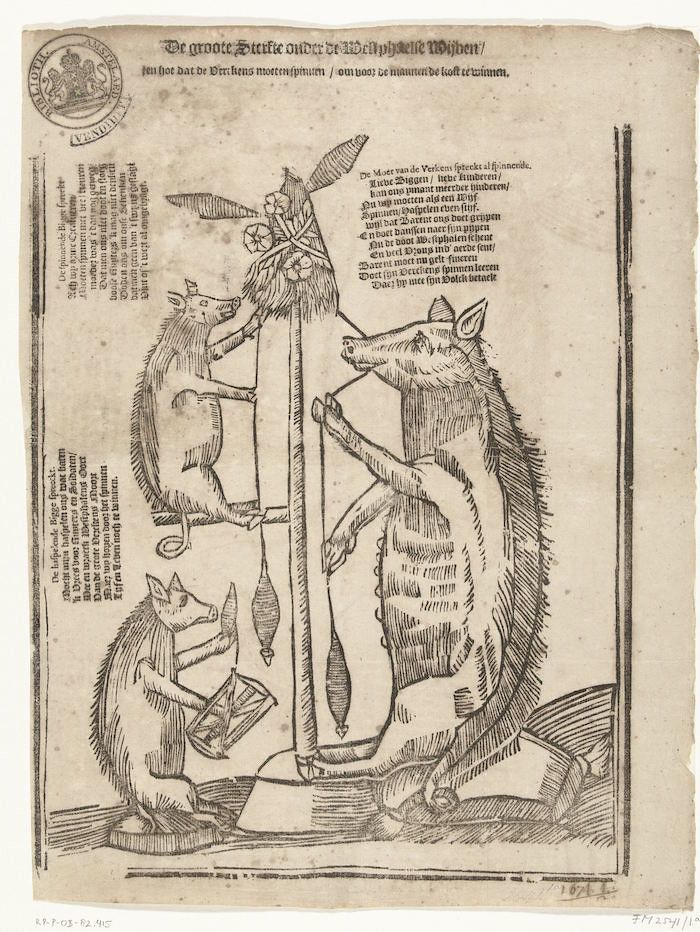 A black and white woodcut print from the 16th century depicting a boar pierced by an arrow, surrounded by text in an old-style typeface.