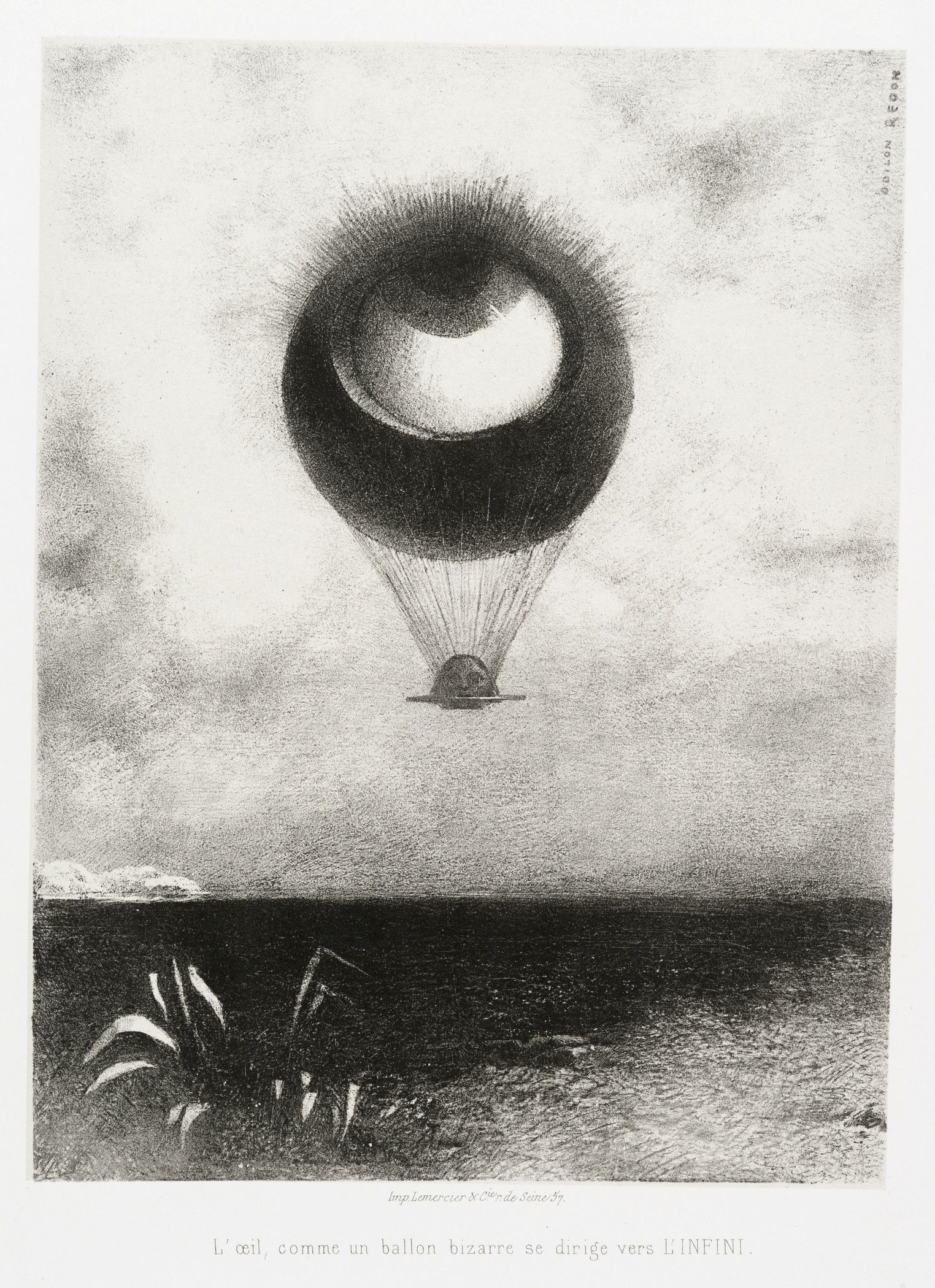 A black and white pencil drawing of a large, dark, spherical shape resembling an eye and a balloon, positioned high in the sky above a choppy sea. The drawing has a surreal and dreamlike quality.