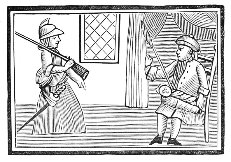 A black and white woodcut-style illustration depicting a scene with two figures. On the left, a person stands, dressed in what appears to be a military uniform with a hat. They are holding a long gun, pointing it towards the right. On the right, another person is seated in a chair, wearing a hat and a coat, and holding a long, thin object. Behind the seated figure, there is a window covered with curtains.