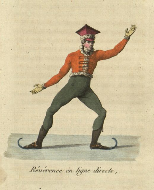 Vintage engraving of a man ice skating in a red jacket and green trousers, with the French text 'Reverence en ligne directe' below.