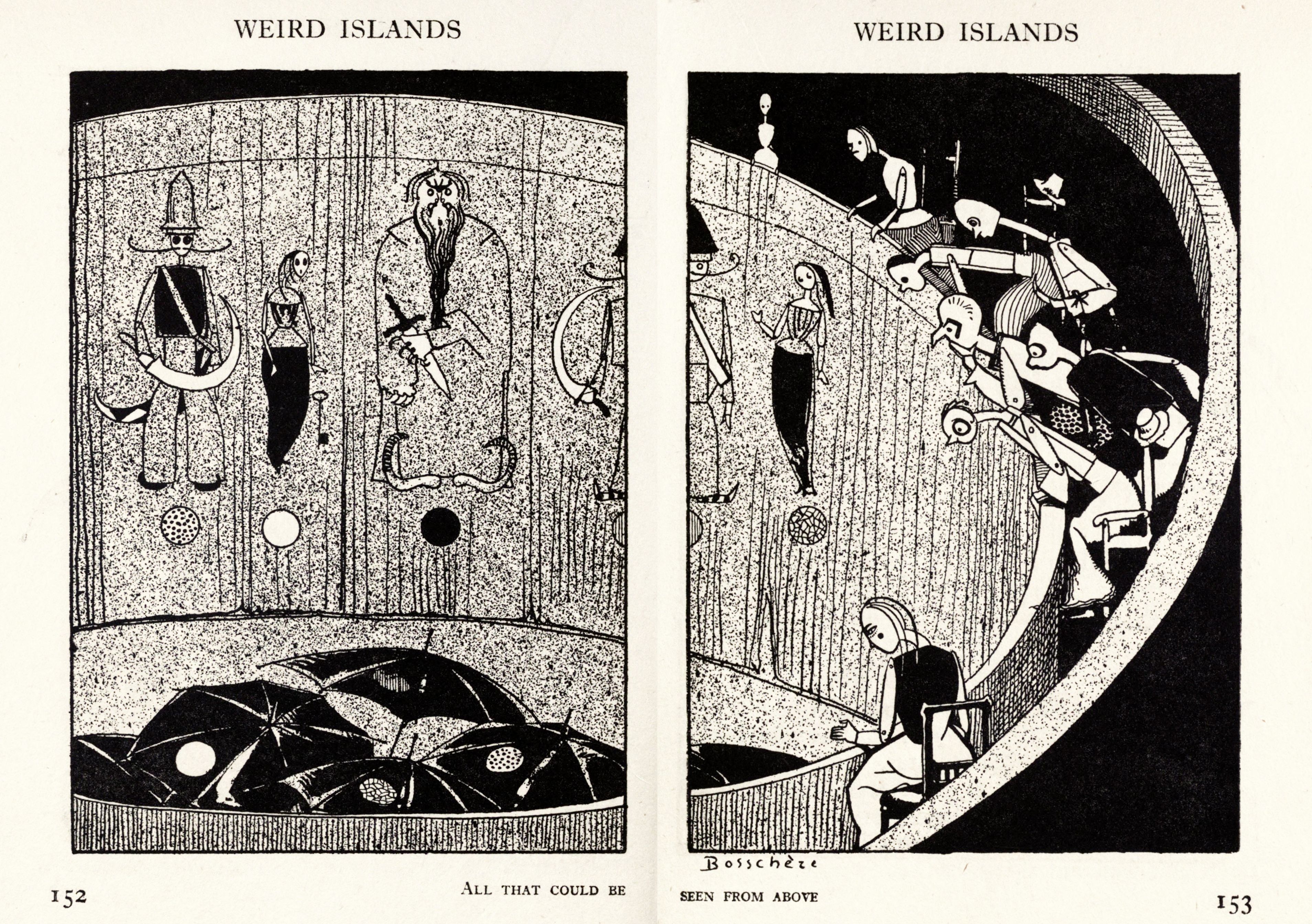 Two panels of a black and white illustration depicting abstract figures and shapes within circular boundaries. The style is reminiscent of early 20th-century illustration or woodcut.
