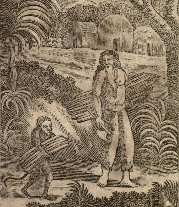 Vintage woodcut illustration of a man and a monkey carrying bundles in a tropical setting.