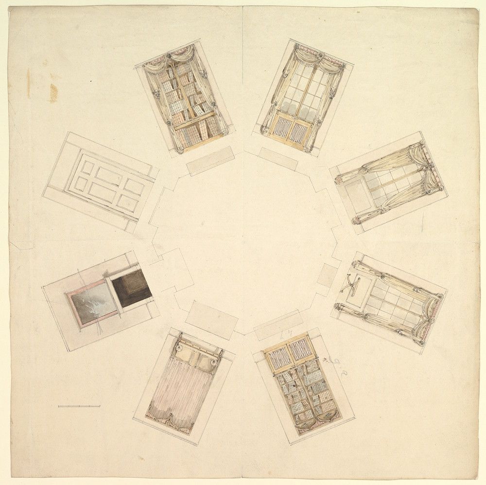 A detailed architectural drawing or plan, likely a design for a building or structure, rendered in a delicate, precise line drawing style on aged paper.