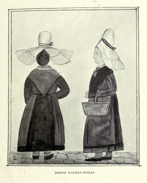 Vintage illustration of two Dieppe Market-Women in traditional dress, facing each other.