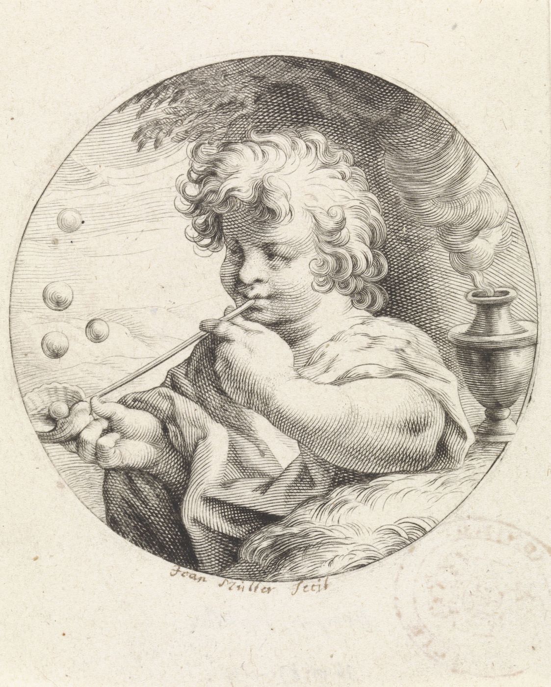 A black and white engraving of a young boy blowing bubbles, with a pot and tree in the background. The image is contained within a circular frame, and the artist's signature is at the bottom.