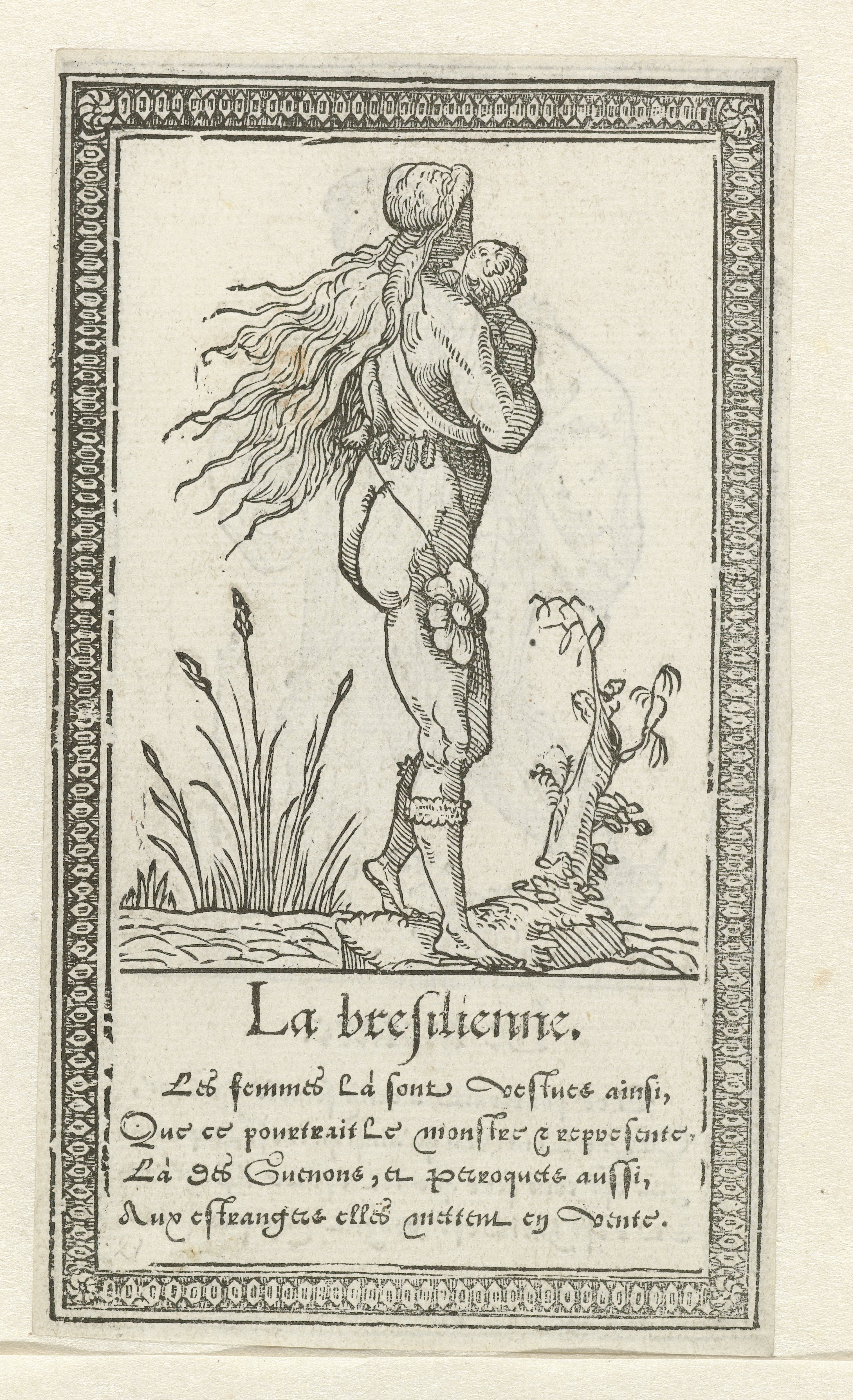 A black and white woodcut print depicting a slender, nude female figure balancing a large object on her head in a marshy area, with text below.