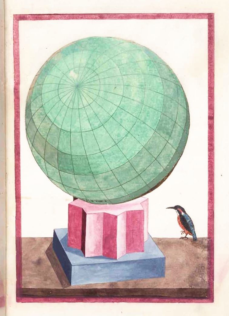 A vintage illustration of a green globe resting on a multi-tiered base, with a small bird perched nearby.