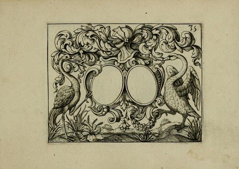 Detailed black and white engraving of an ornamental frame with two birds and floral designs.