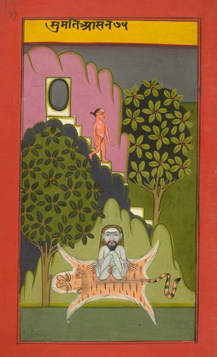 A vibrant Indian painting depicting a man riding a winged tiger in a lush landscape.