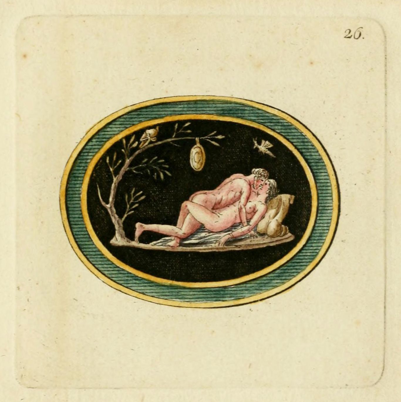A circular painting depicting two nude figures embracing under a tree, framed by a decorative oval border.