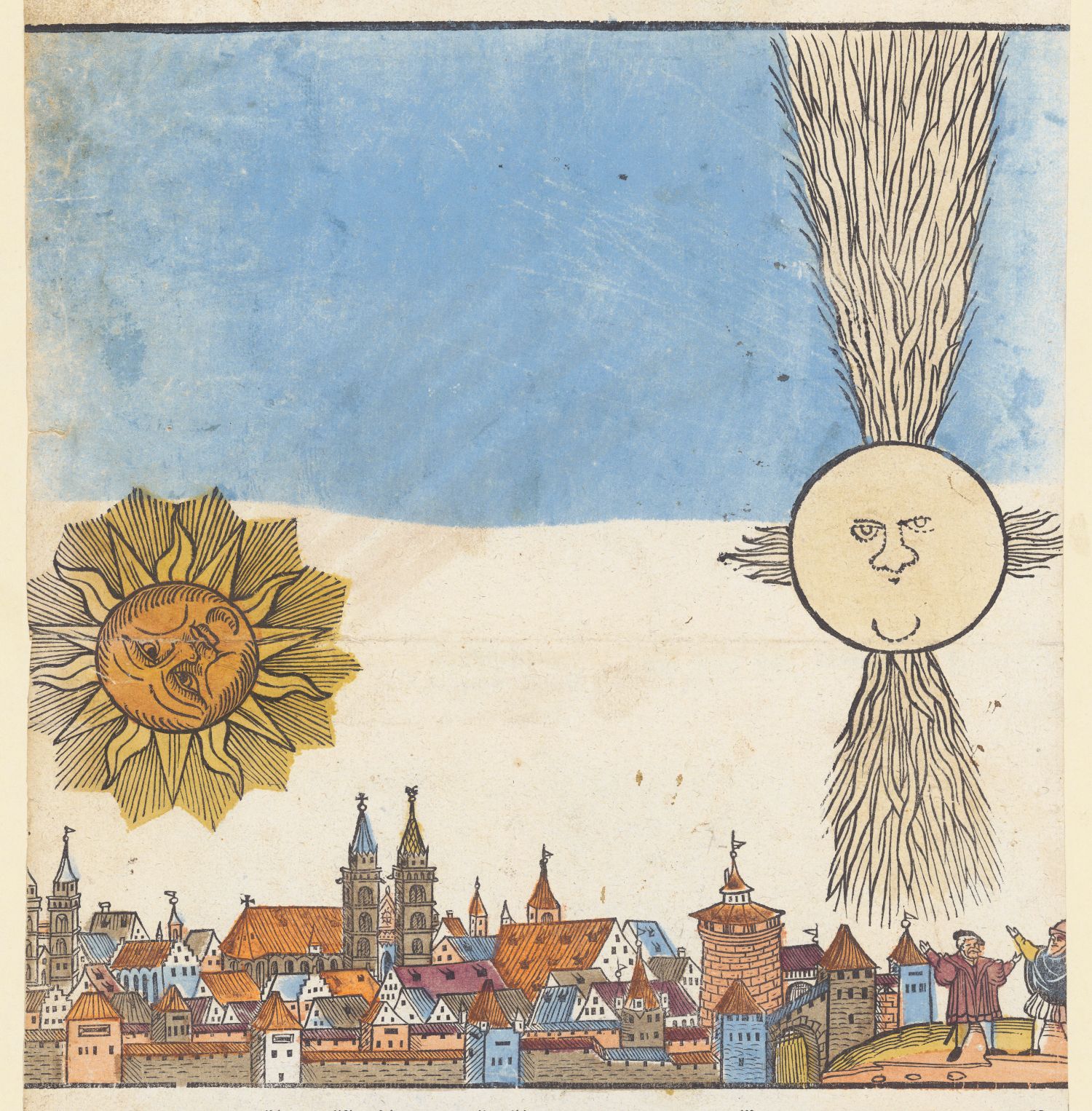 A colorful, antique-style illustration depicting a city scene with celestial bodies.