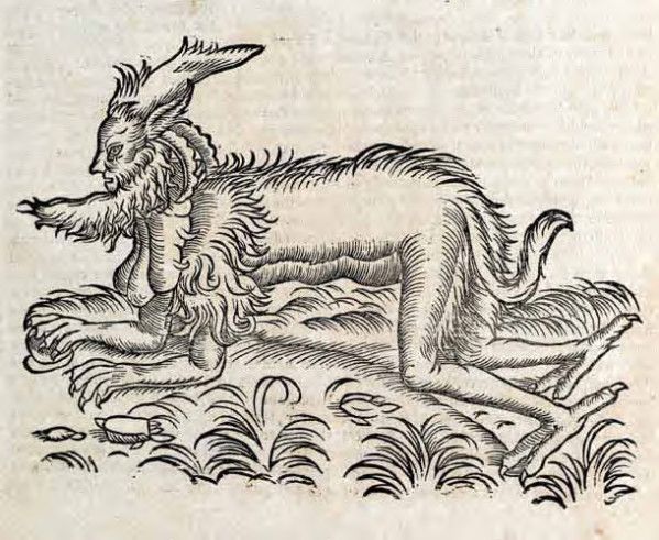 A black and white woodcut illustration of a fantastical creature with the head of a goat and the body of a human-goat hybrid running through a field of grass with scattered shells.
