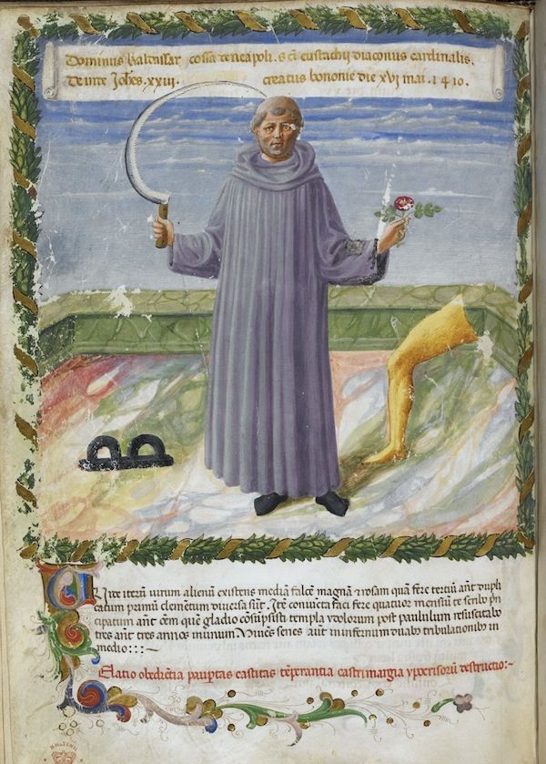 Medieval manuscript illumination of a man with a scythe and rose, surrounded by fantastical creatures and an ornate border.