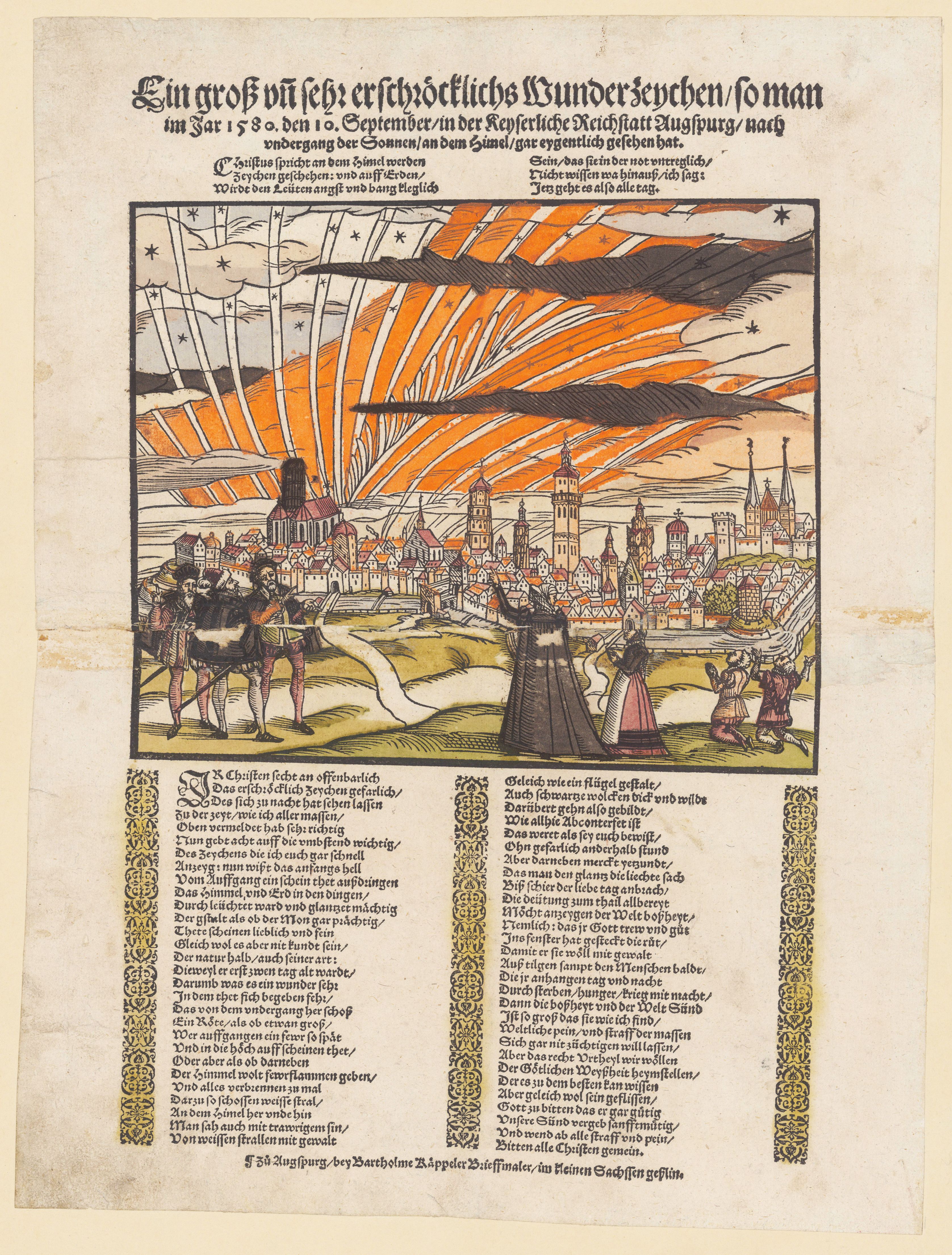 A detailed woodcut print from 1561, titled "Ein groß und sehr erschrecklichs Wunderzeichen." It depicts a chaotic scene in the sky and on the ground, filled with symbolic imagery and text.