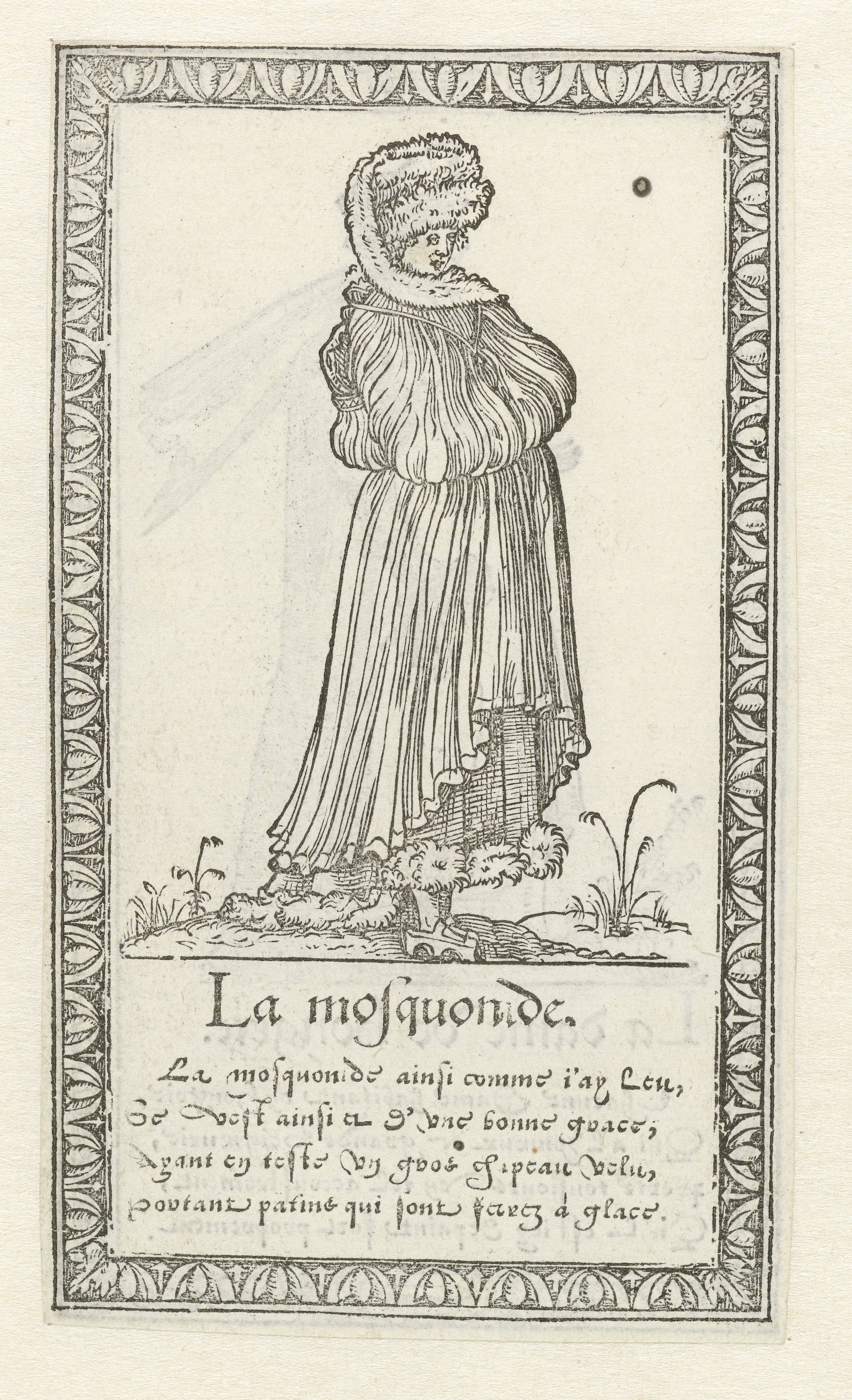 A black and white engraving of a woman in historical clothing, framed by a decorative border with text below.