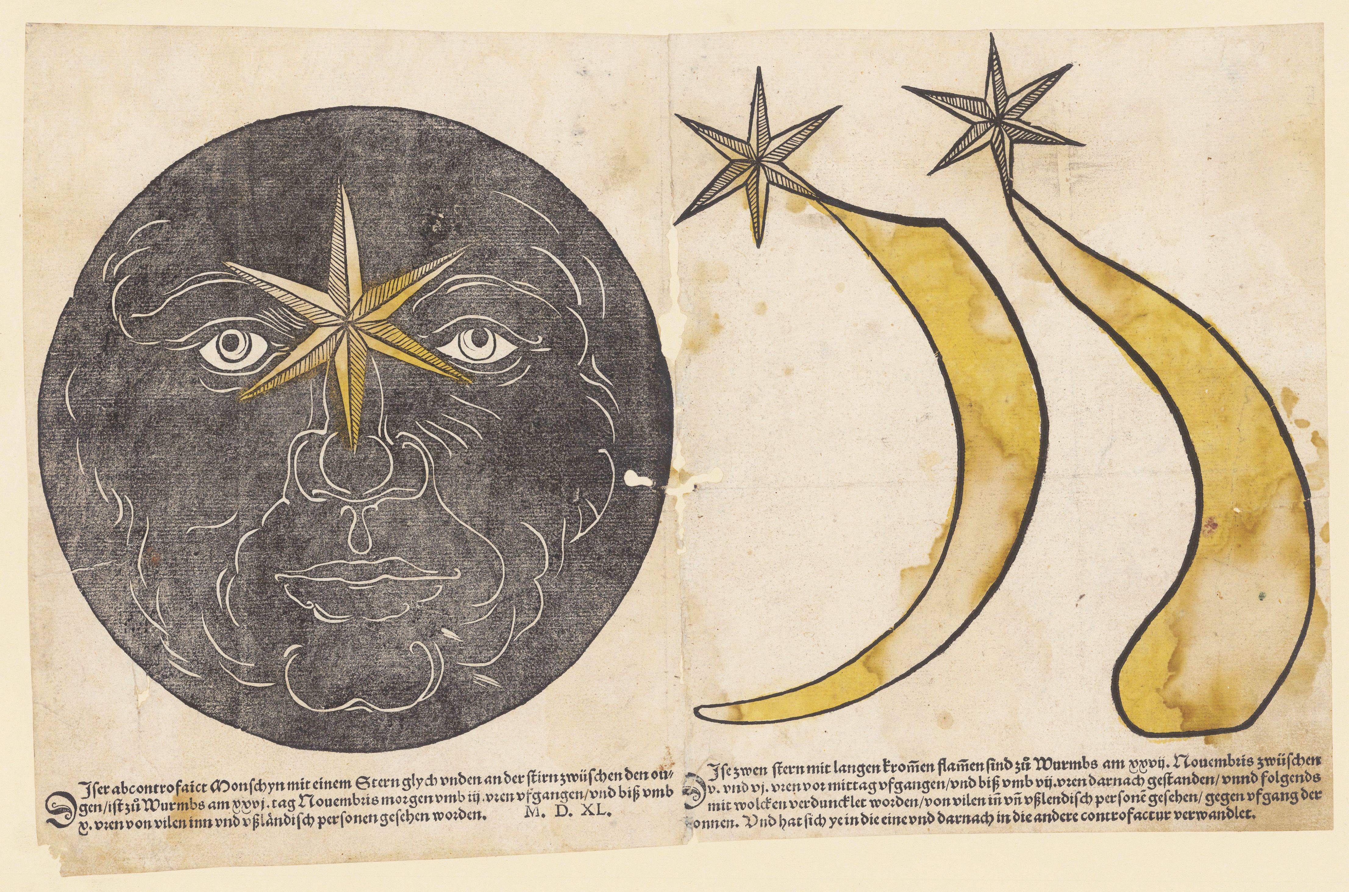 A vintage woodcut print with a celestial theme. The composition features a dark, circular celestial body on the left and a bright, comet-like object on the right, both set against a cream-colored background. Below each image is a block of old German text.