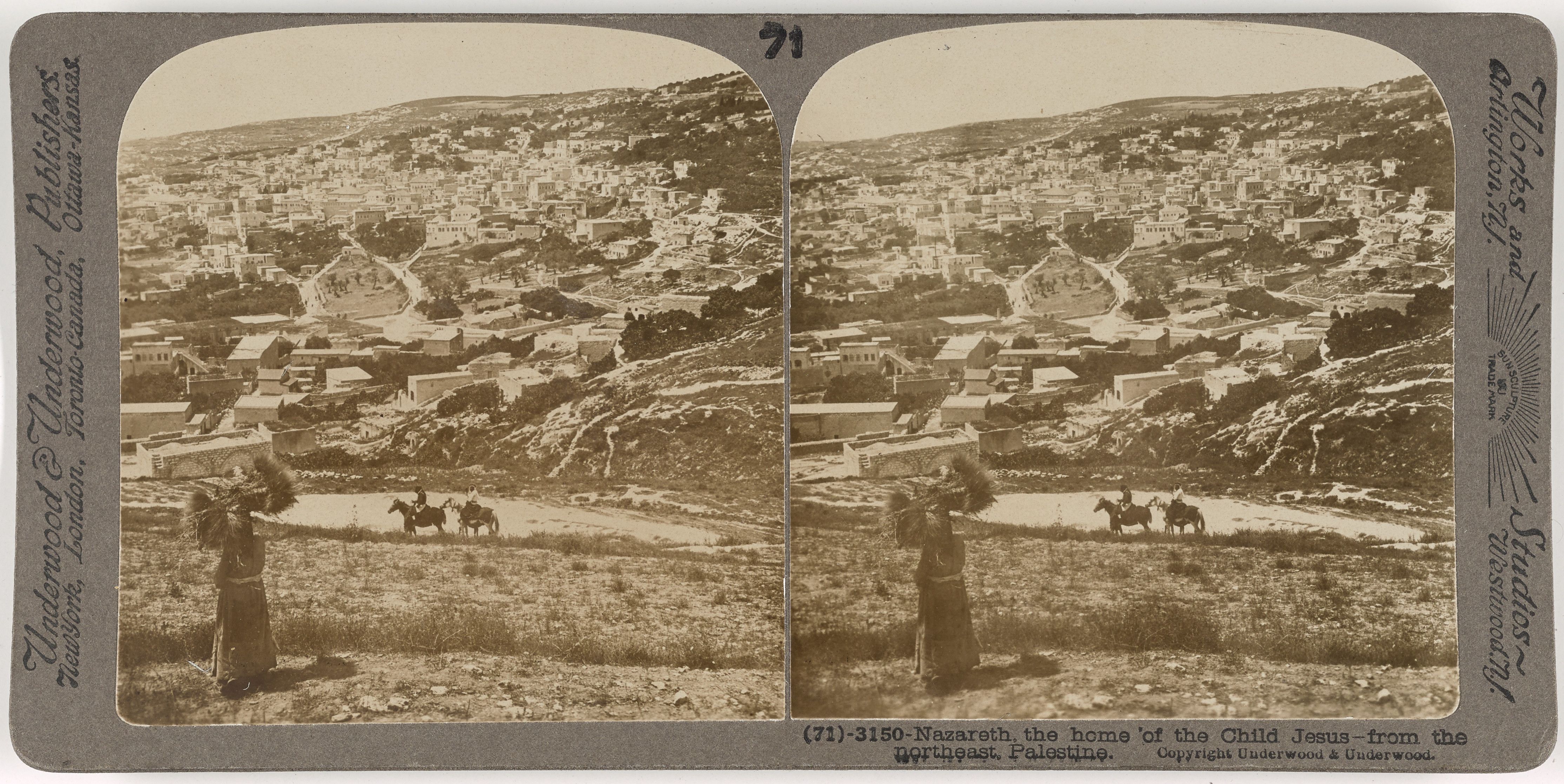 Stereoscope card of Nazareth, Palestine, showing a densely packed city built on a hillside, with people and a horse in the foreground.