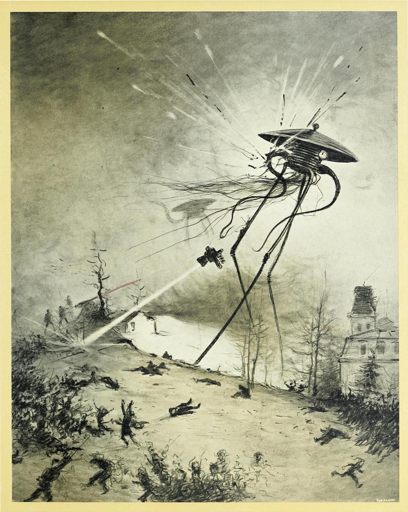 Vintage illustration of a massive tripod attacking a town, with people fleeing and buildings destroyed.