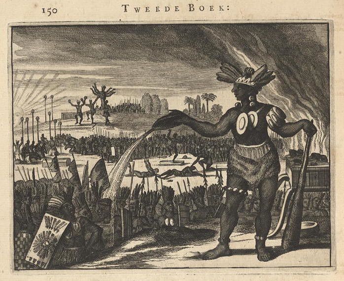 A black and white engraving depicting a ceremonial scene with a dark-skinned man pouring water onto the ground in front of a large crowd.