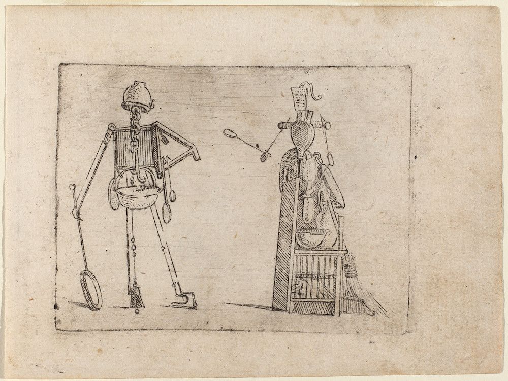 A detailed sketch of two mechanical knights or robots, reminiscent of Leonardo da Vinci's designs.