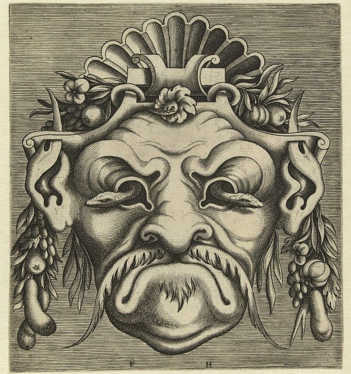 Black and white engraving of a grotesque face with elaborate floral headdress and beard.