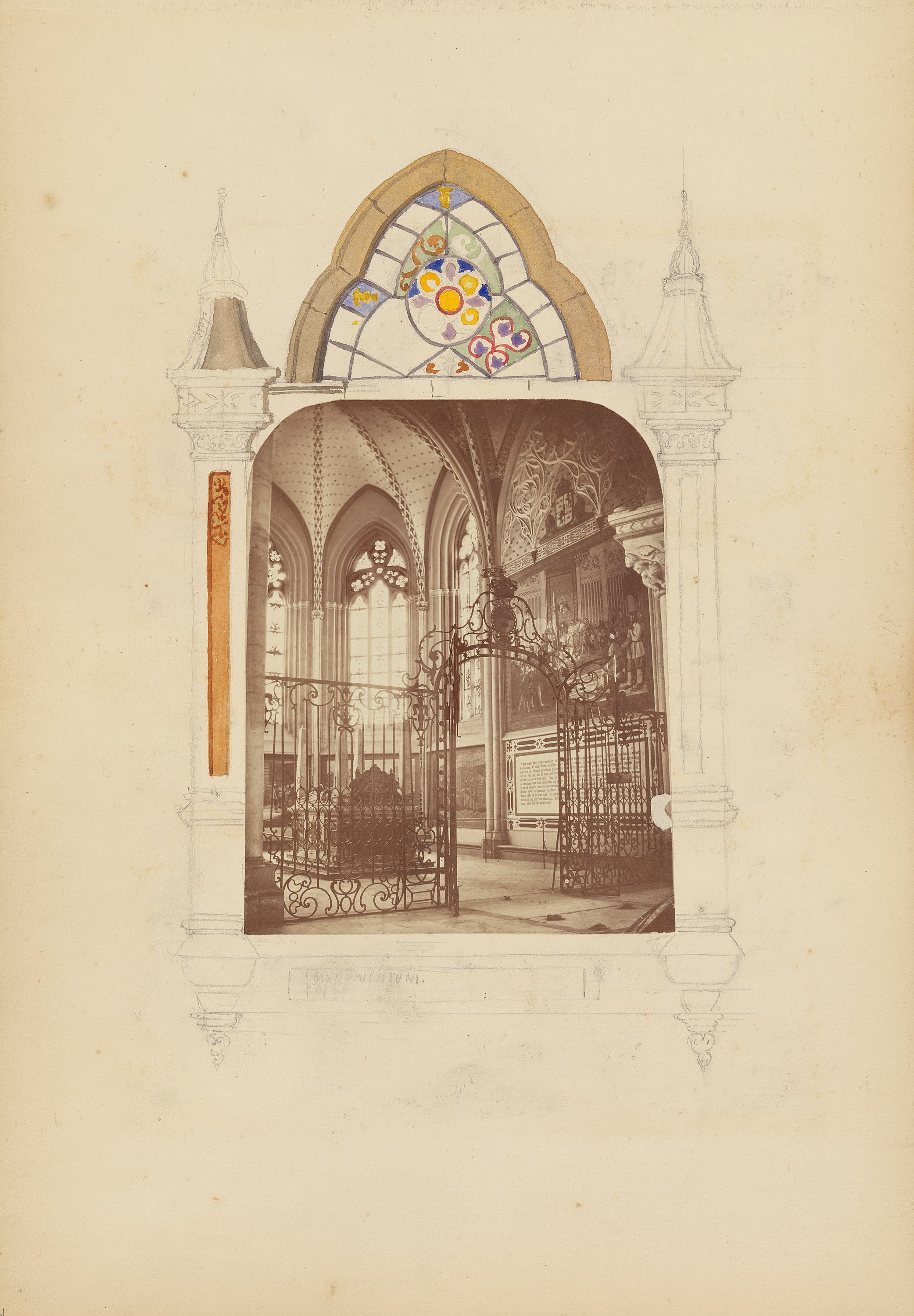 A sepia-toned, vintage photograph of a church interior, presented as a framed drawing on a cream-colored background.