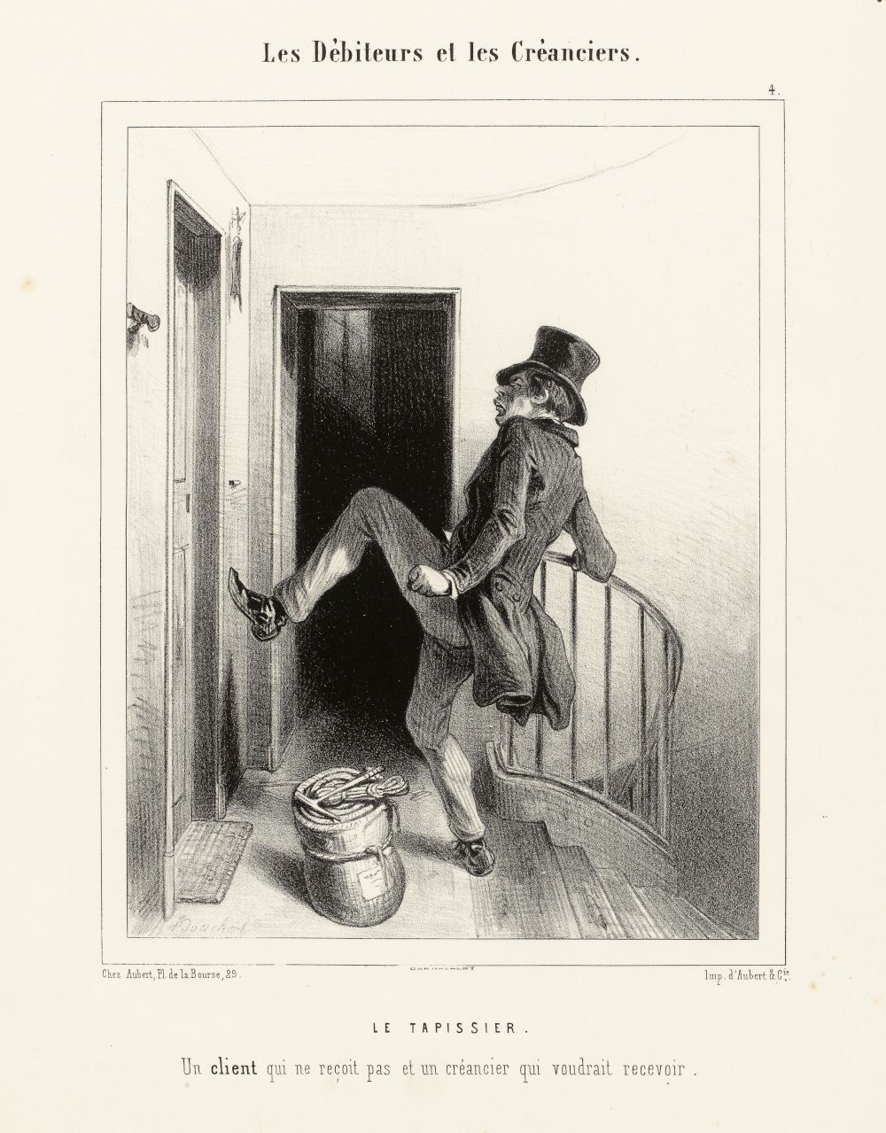 Black and white illustration of a man being ejected from a doorway onto a set of stairs.