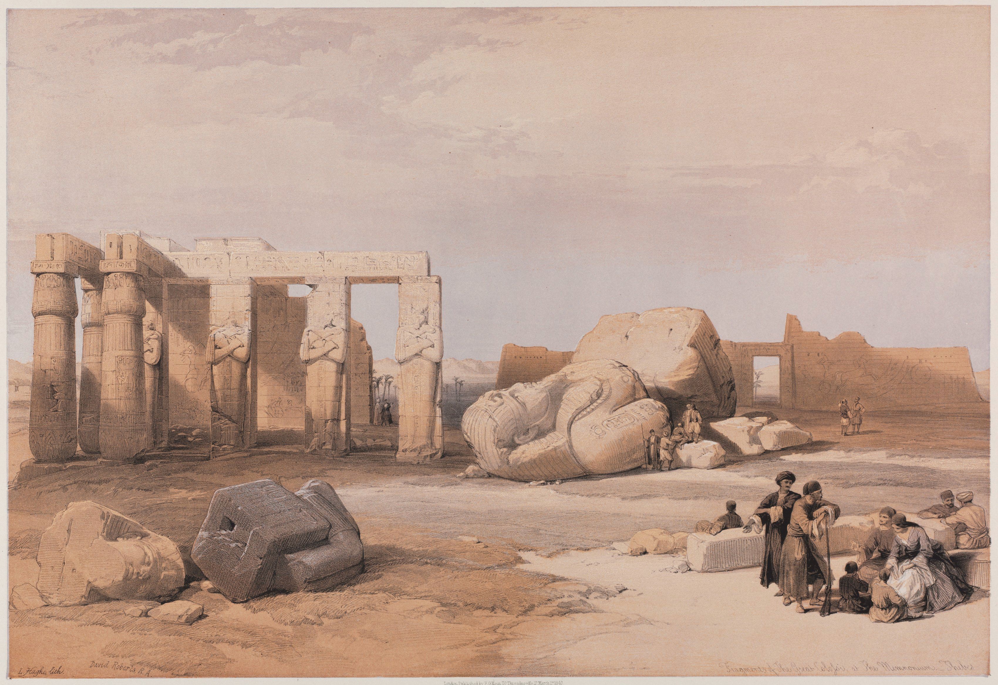 Sepia-toned lithograph of ancient Egyptian ruins with columns, a partially destroyed statue, and a group of people in the foreground.