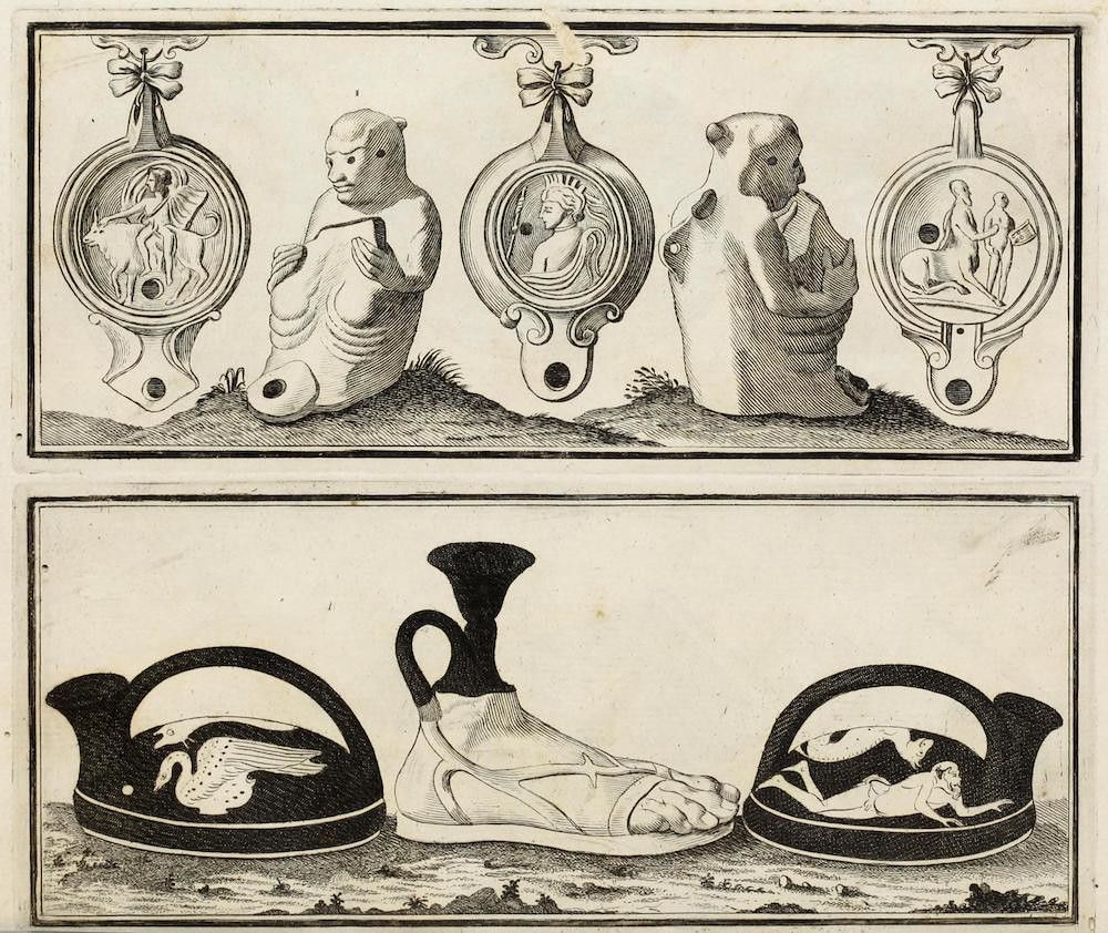 A black and white engraving depicting a series of sculpted portraits and vases arranged in two rows.