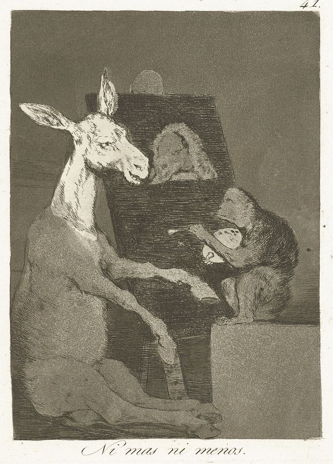 A black and white etching of a gaunt man in a top hat being embraced by a donkey, with a pillow in his arms, in front of a bed.