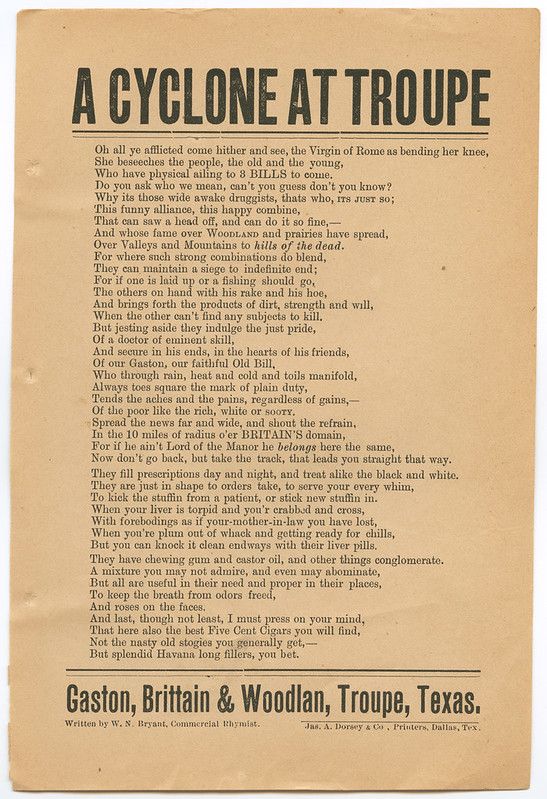 A vintage poster titled "A Cyclone at Troupe". It's a broadside filled with poetic verses advertising a medicine called "Gaston, Britain & Cold and Troupe, Texas". The poster is heavily text-based and shows signs of age and wear.