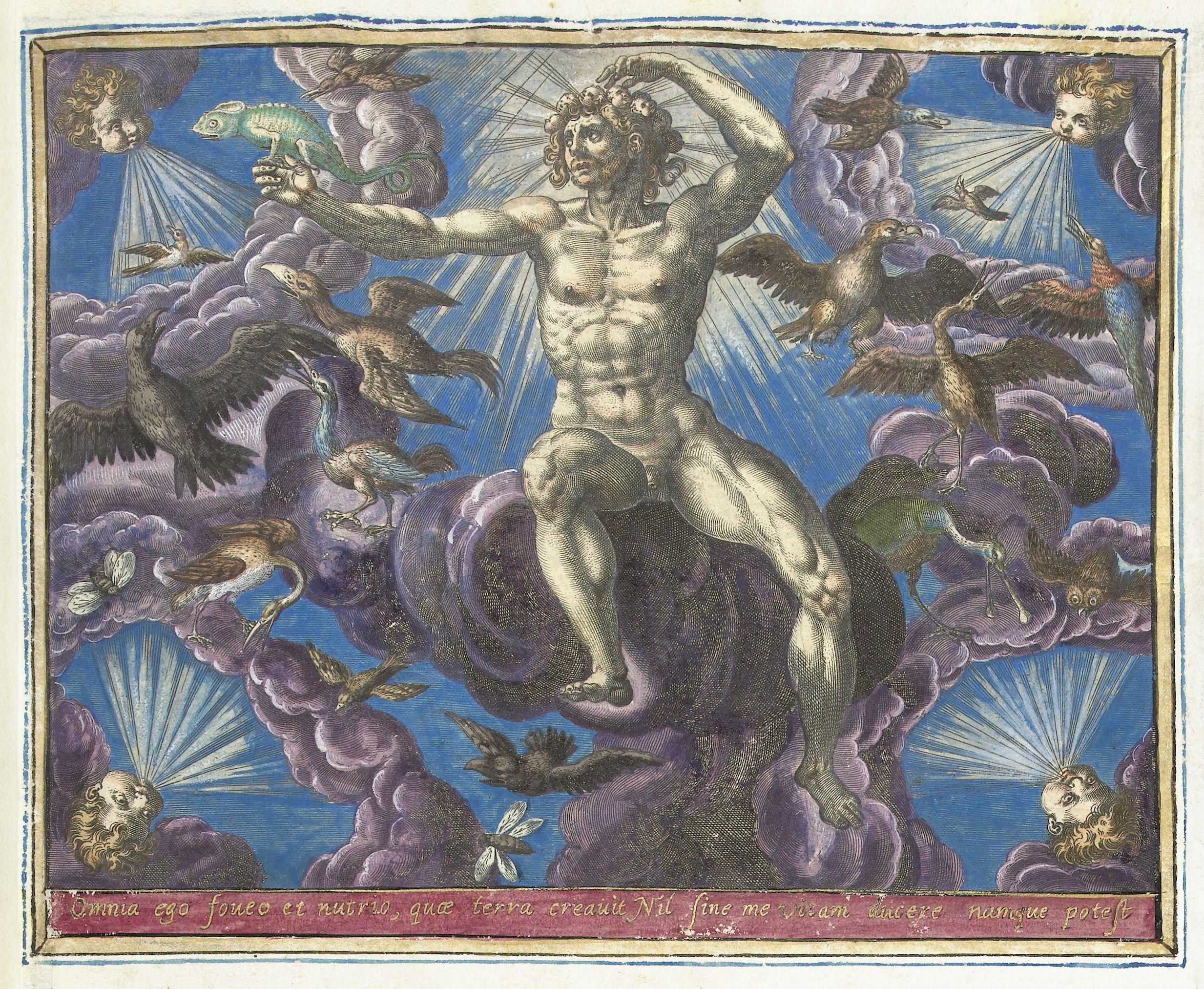 Detailed engraving of a muscular nude male figure standing amidst swirling clouds and celestial elements.