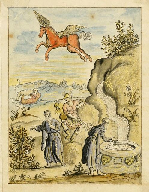 Vintage illustration of a Pegasus flying over a landscape with men and a waterfall.