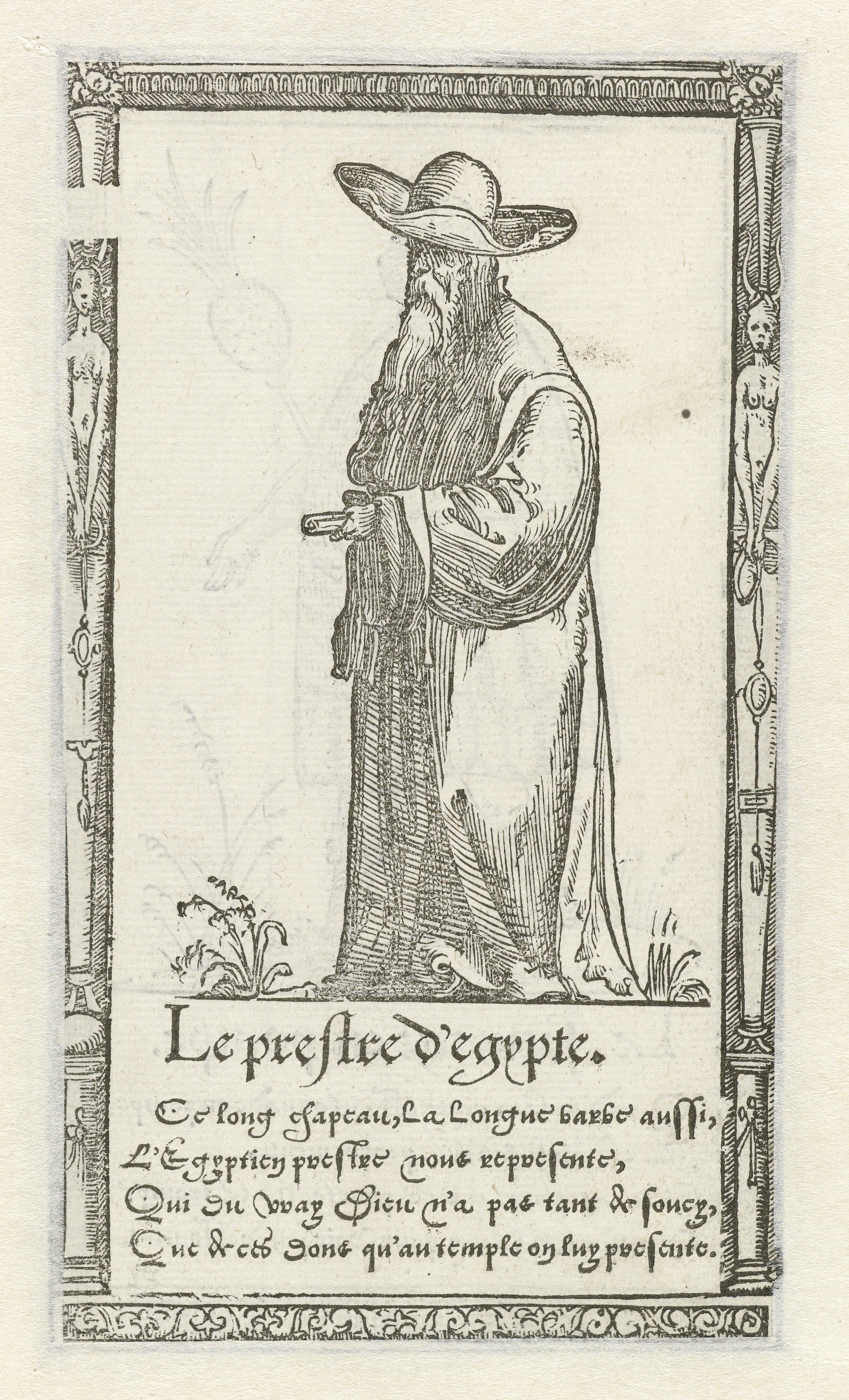 A black and white engraving of an Egyptian priest in profile, wearing a tall hat and flowing robe, with text below and an ornate frame around the image.