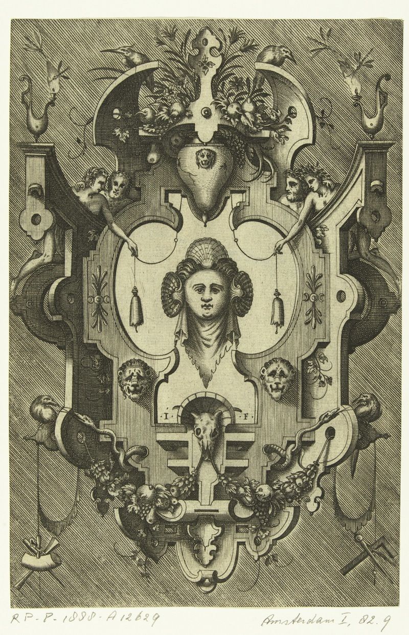 A detailed black and white engraving featuring a central portrait of a head within an elaborate ornamental frame.