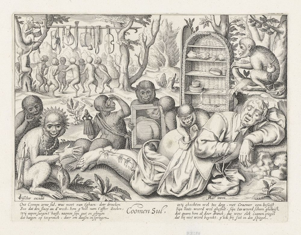 A detailed black and white engraving depicting a lively and chaotic scene within a room filled with people drinking, eating, playing musical instruments, and generally reveling.
